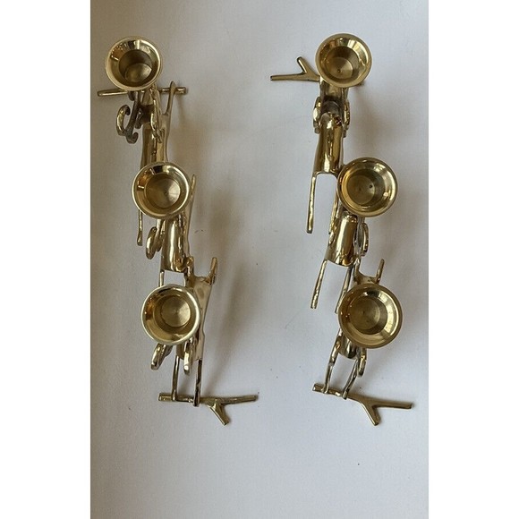 Polished Brass Reindeer 3 Pillar Candleholder Candelabra Vintage- Set Of 2 - Picture 5 of 10